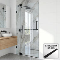Pirouette 36-42 in. W x 71 in. H Pivot Frameless Shower Door in Matte Black with 3/8 in. (10mm) Clear Glass and Elan 24 in. Linear Shower Drain