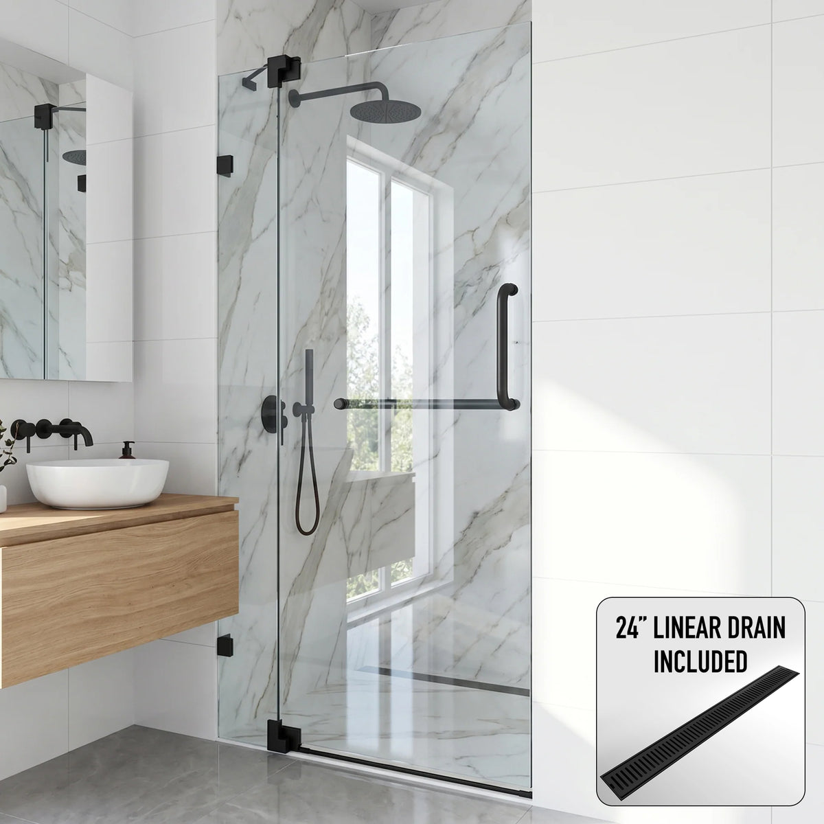 Pirouette 36-42 in. W x 71 in. H Pivot Frameless Shower Door in Matte Black with 3/8 in. (10mm) Clear Glass and Elan 24 in. Linear Shower Drain