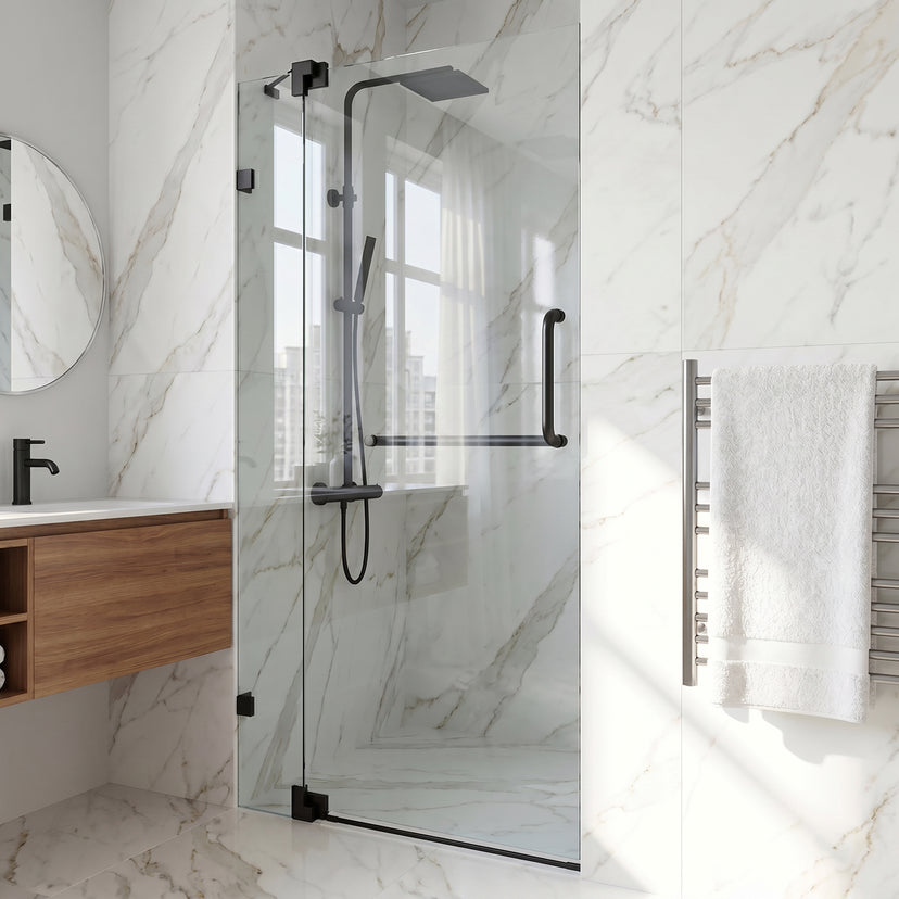 Pirouette 36-42 in. W x 71 in. H Pivot Frameless Shower Door in Matte Black with 3/8 in. (10mm) Clear Glass and Elan 24 in. Linear Shower Drain