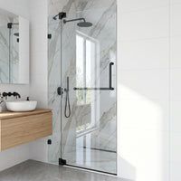 Pirouette 36-42 in. W x 71 in. H Pivot Frameless Shower Door in Matte Black with 3/8 in. (10mm) Clear Glass and Elan 24 in. Linear Shower Drain