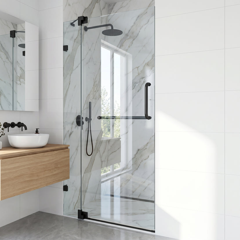Pirouette 36-42 in. W x 71 in. H Pivot Frameless Shower Door in Matte Black with 3/8 in. (10mm) Clear Glass and Elan 24 in. Linear Shower Drain