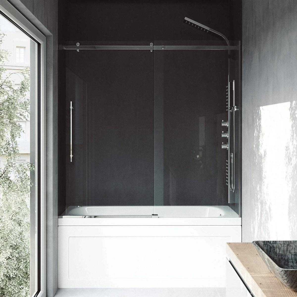 Chrome finish frameless shower door featuring roller disk technology and sliding operation