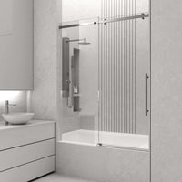 Clear glass sliding tub door with chrome finish and roller disk technology
