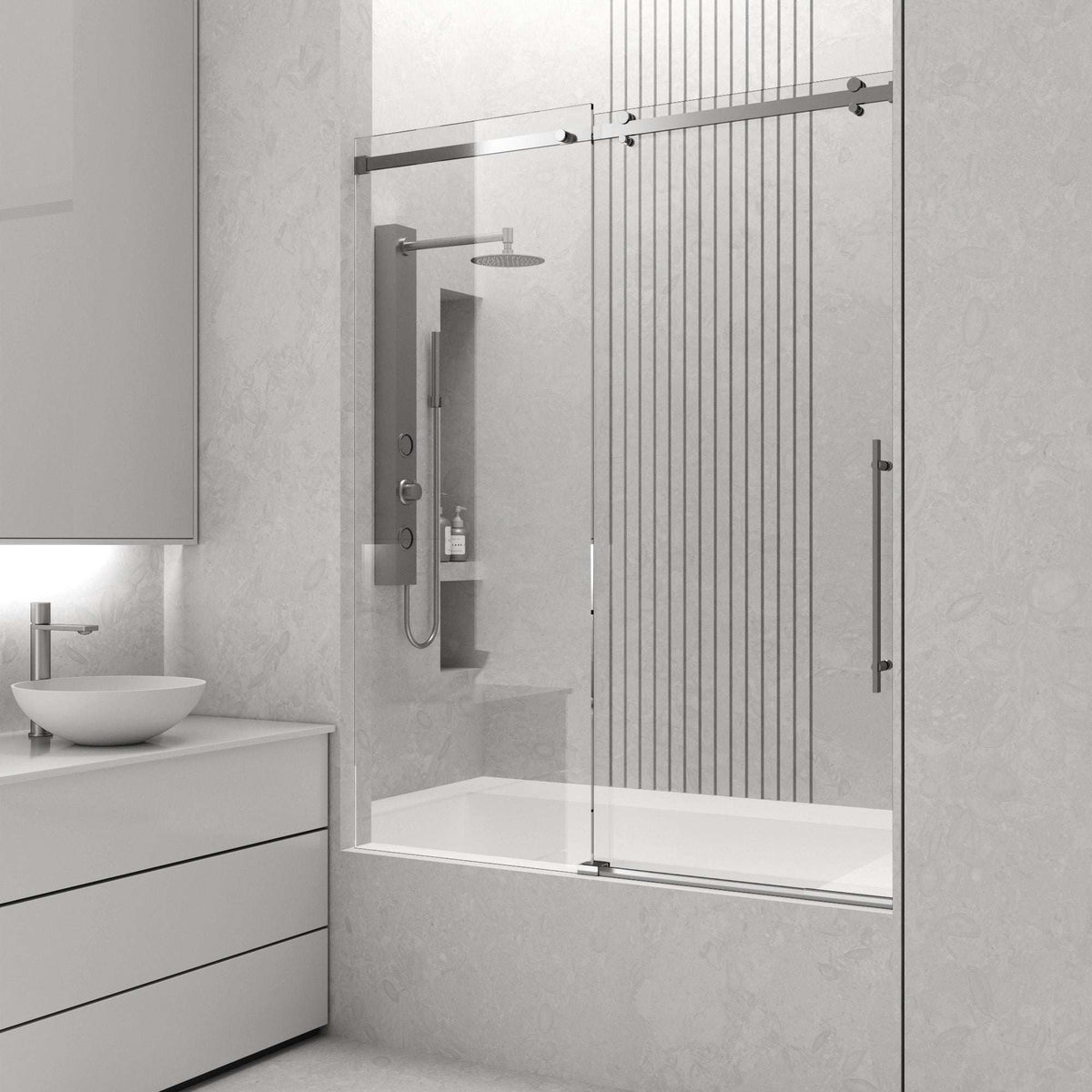 Clear glass sliding tub door with chrome finish and roller disk technology