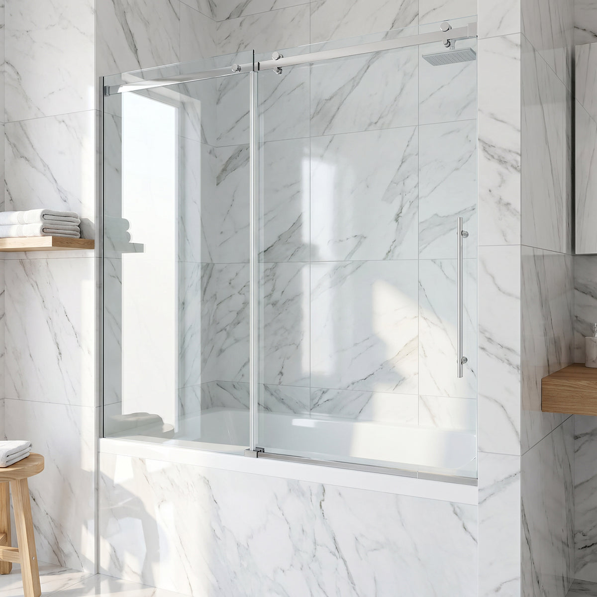 Luca 56-60 in. W x 58 in. H Frameless Sliding Tub Door in Chrome with 3/8 in. (10mm) Clear Glass and Meridian 4-Piece Bath Hardware Set