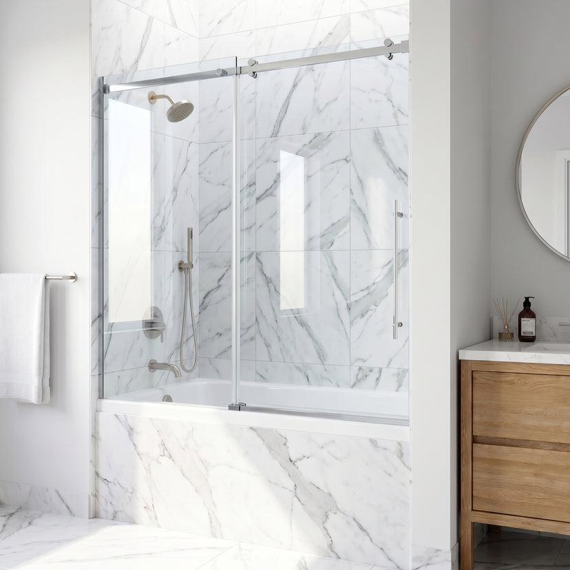 Luca 56-60 in. W x 58 in. H Frameless Sliding Tub Door in Chrome with 3/8 in. (10mm) Clear Glass and Meridian 4-Piece Bath Hardware Set
