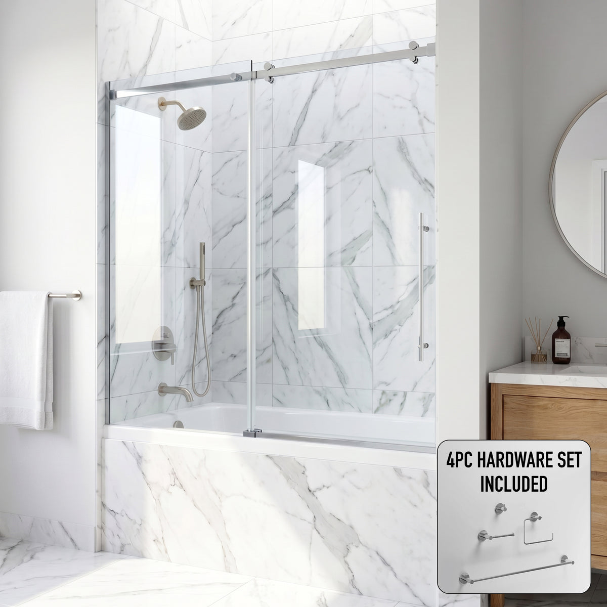 Luca 56-60 in. W x 58 in. H Frameless Sliding Tub Door in Chrome with 3/8 in. (10mm) Clear Glass and Cass 4-Piece Bath Hardware Set