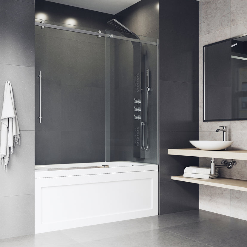 Luca 56-60 in. W x 58 in. H Frameless Sliding Tub Door in Chrome with 3/8 in. (10mm) Clear Glass and Cass 4-Piece Bath Hardware Set