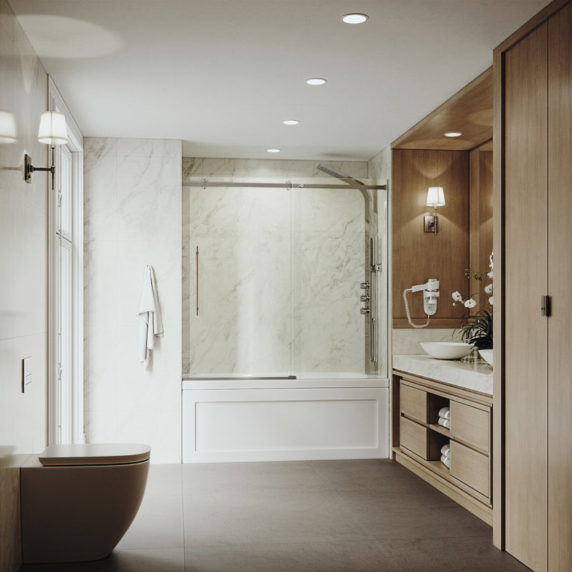 Luca 56-60 in. W x 58 in. H Frameless Sliding Tub Door in Chrome with 3/8 in. (10mm) Clear Glass and Cass 4-Piece Bath Hardware Set