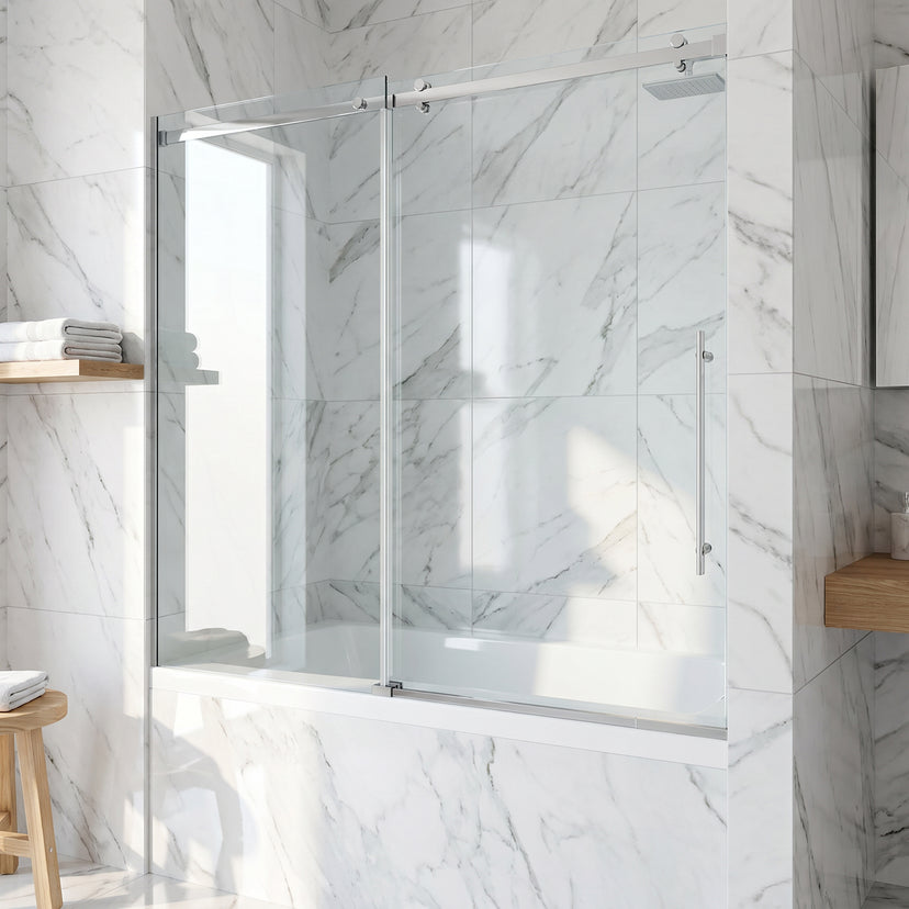 Luca 56-60 in. W x 58 in. H Frameless Sliding Tub Door in Chrome with 3/8 in. (10mm) Clear Glass and Arden 3-Piece Bath Hardware Set