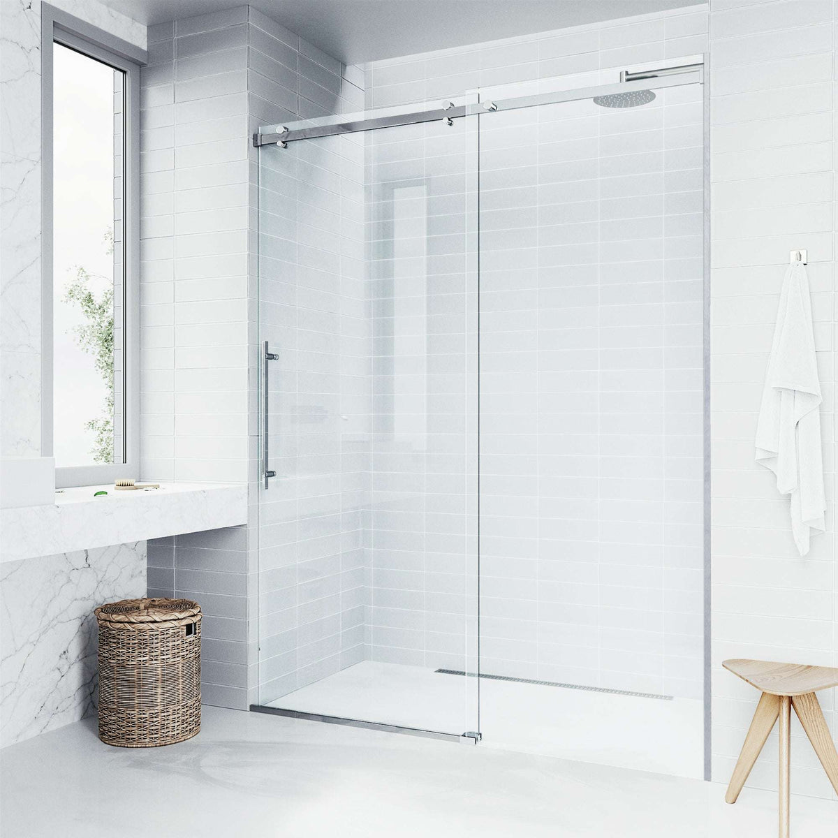 Chrome frameless sliding shower door with clear tempered glass and bar handle