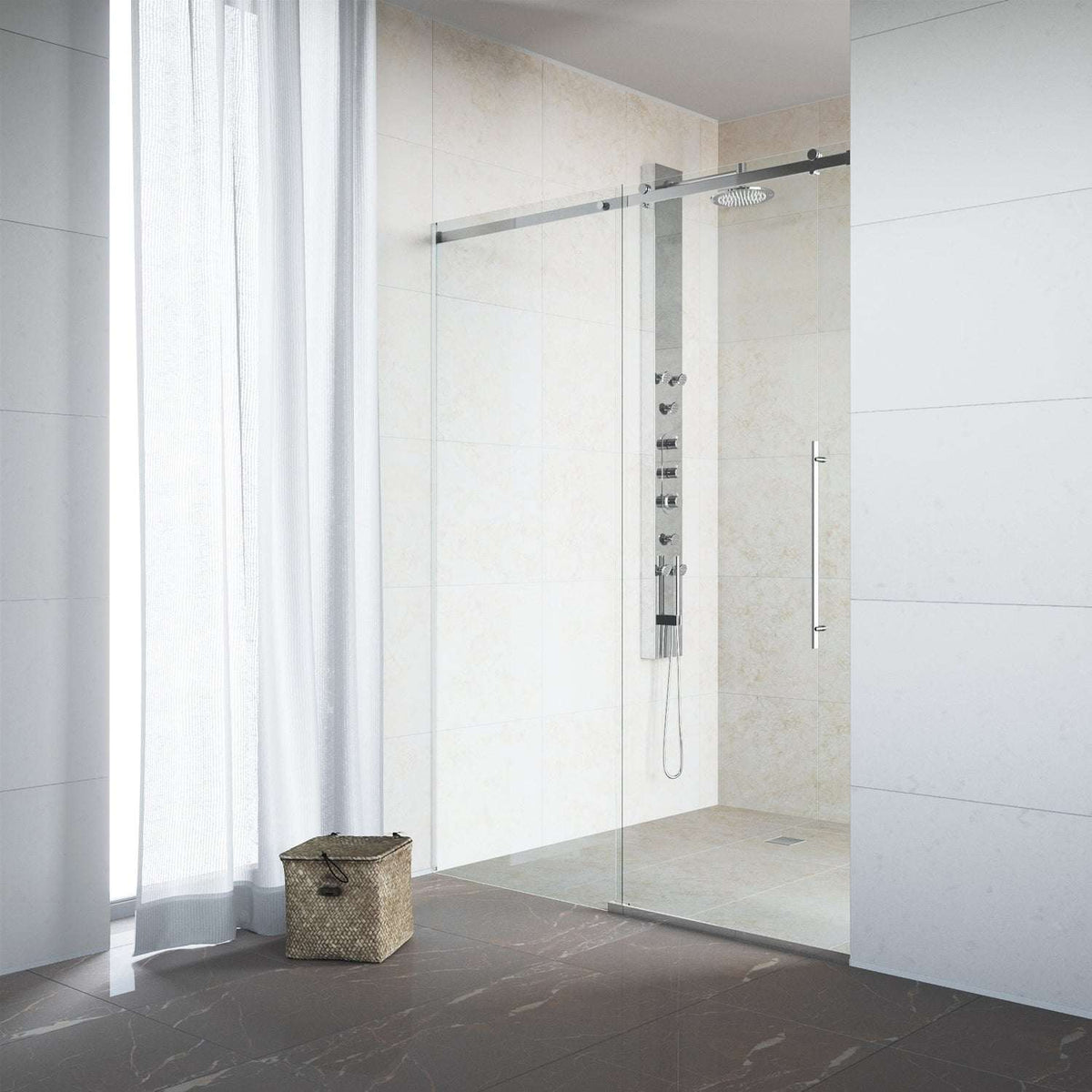 Reversible sliding shower door with chrome finish and roller disk technology