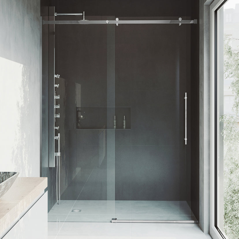 Luca 56 to 60 in. W x 79 in. H Frameless Sliding Shower Door and Satro 3-Piece Bath Hardware Set in Chrome