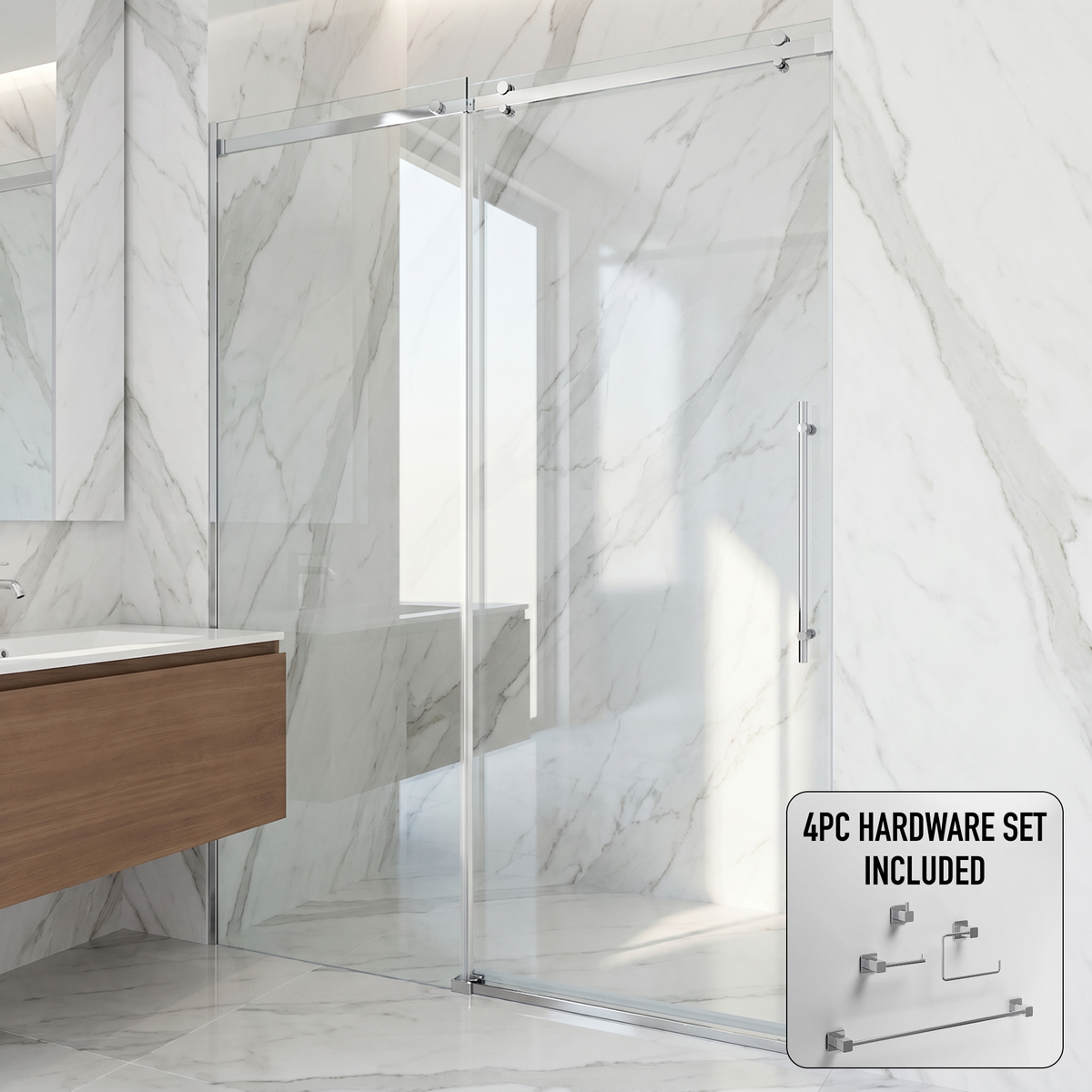 Luca 56 to 60 in. W x 79 in. H Frameless Sliding Shower Door and Meridian 4-Piece Bath Hardware Set in Chrome