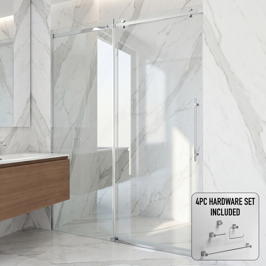 Luca 56 to 60 in. W x 79 in. H Frameless Sliding Shower Door and Meridian 4-Piece Bath Hardware Set in Chrome