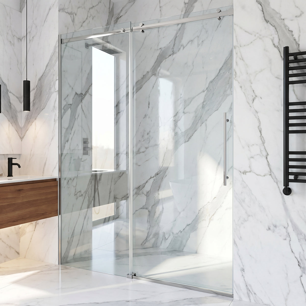 Luca 56 to 60 in. W x 79 in. H Frameless Sliding Shower Door and Meridian 4-Piece Bath Hardware Set in Chrome