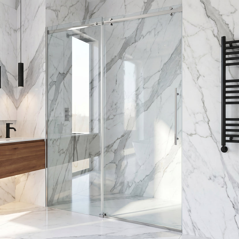 Luca 56 to 60 in. W x 79 in. H Frameless Sliding Shower Door and Meridian 4-Piece Bath Hardware Set in Chrome