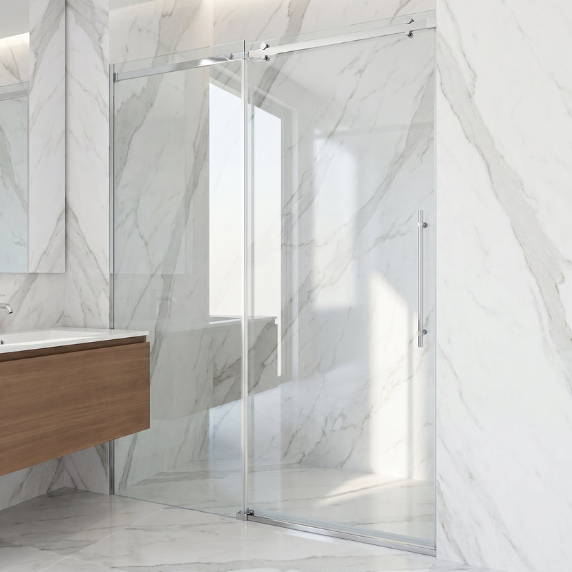 Luca 56 to 60 in. W x 79 in. H Frameless Sliding Shower Door and Meridian 4-Piece Bath Hardware Set in Chrome