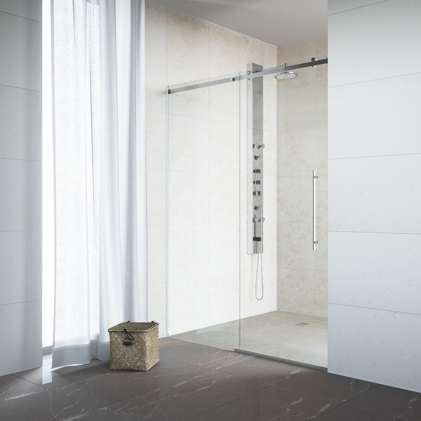 Luca 56 to 60 in. W x 79 in. H Frameless Sliding Shower Door and Meridian 4-Piece Bath Hardware Set in Chrome