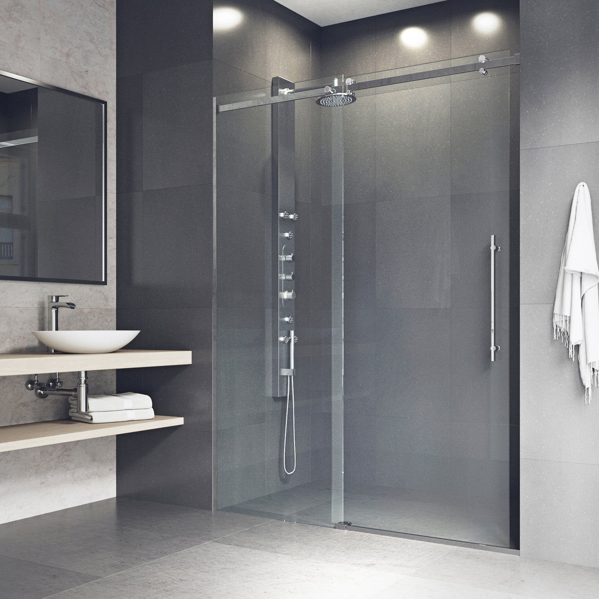 Luca 56 to 60 in. W x 79 in. H Frameless Sliding Shower Door and Meridian 4-Piece Bath Hardware Set in Chrome