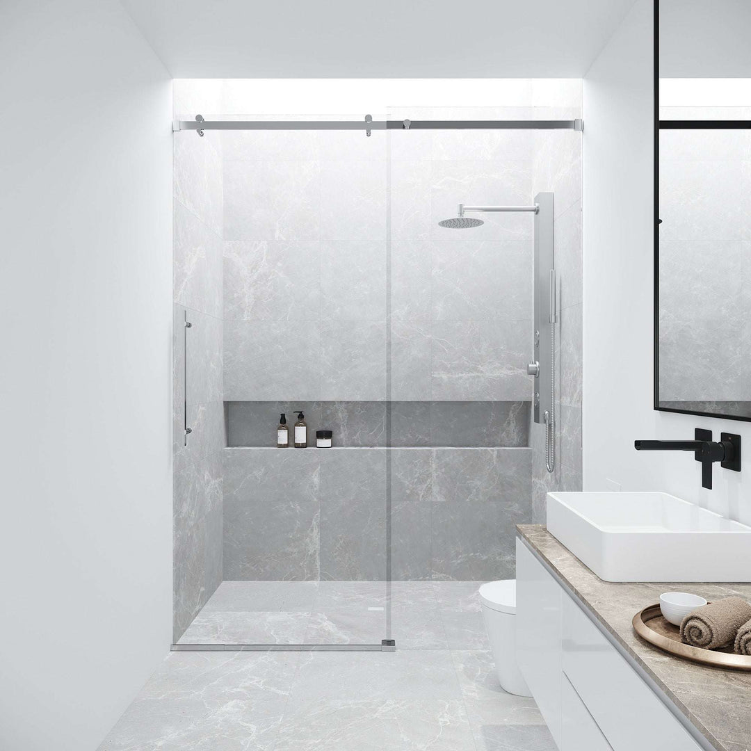 Frameless shower door with chrome finish and included mounting hardware