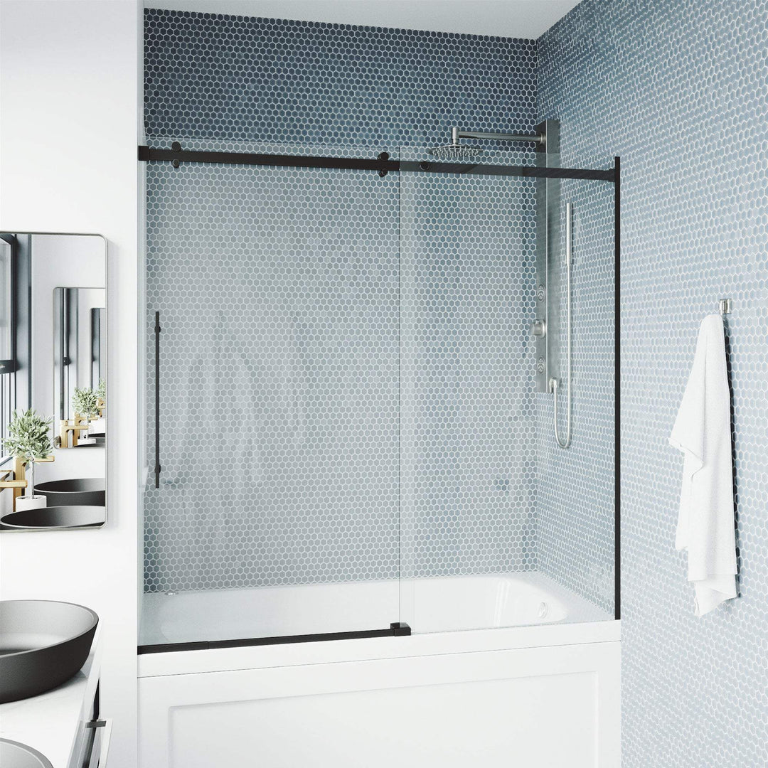 Matte black frameless sliding tub door with clear tempered glass and bar handle