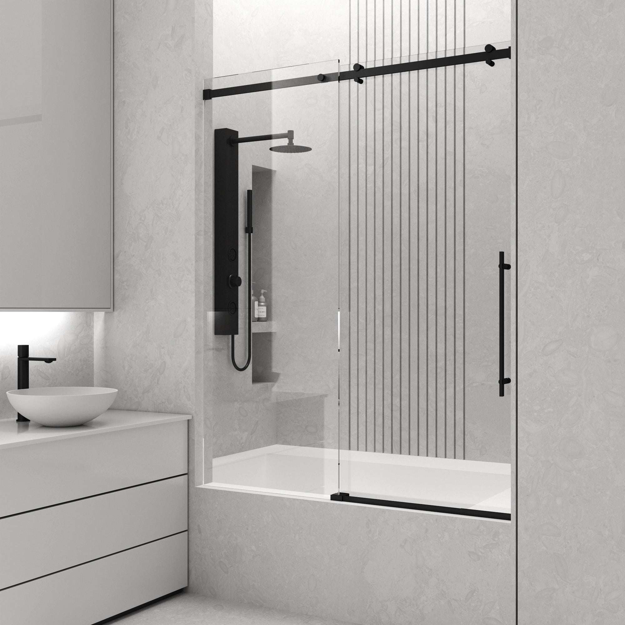 Frameless shower door with matte black frame, bar handle, and included mounting hardware