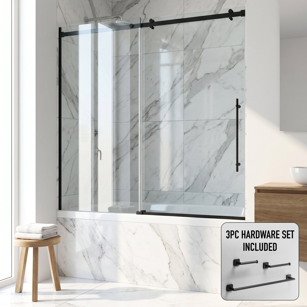 Luca 56-60 in. W x 58 in. H Frameless Sliding Tub Door in Matte Black with 3/8 in. (10mm) Clear Glass and Satro 3-Piece Bath Hardware Set
