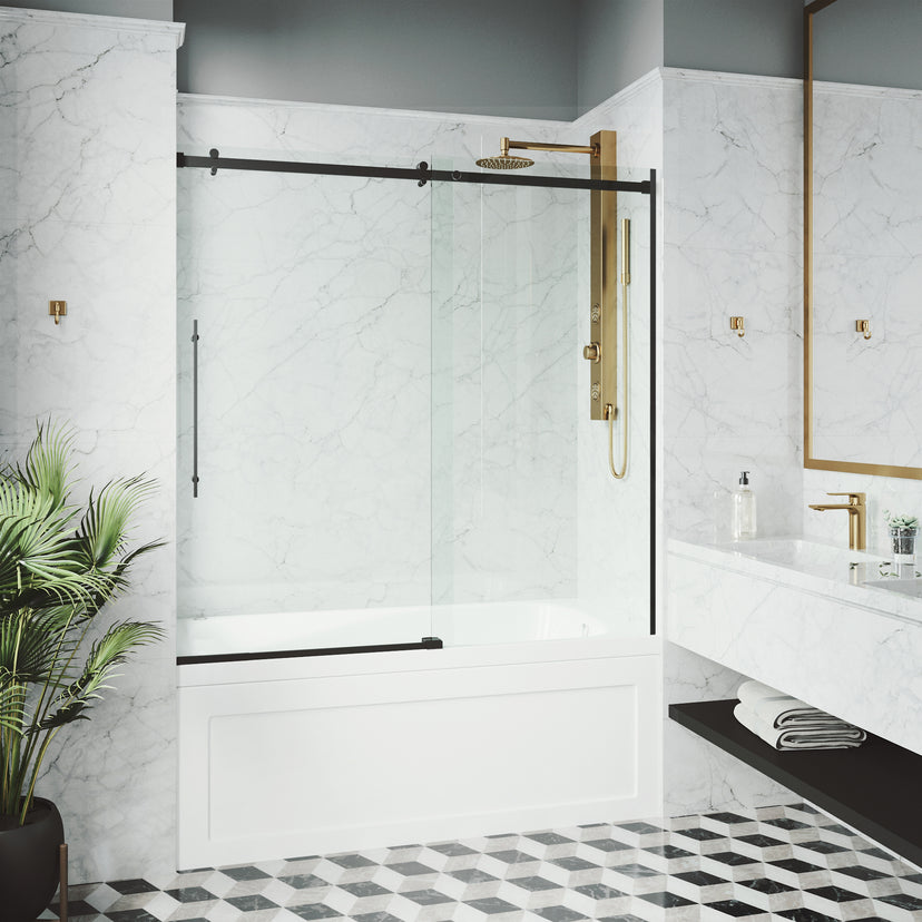 Luca 56-60 in. W x 58 in. H Frameless Sliding Tub Door in Matte Black with 3/8 in. (10mm) Clear Glass and Arden 3-Piece Bath Hardware Set