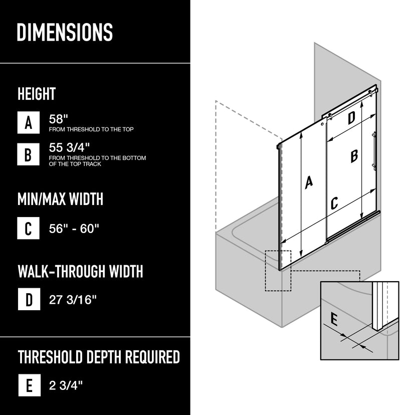 Luca 56-60 in. W x 58 in. H Frameless Sliding Tub Door in Matte Black with 3/8 in. (10mm) Clear Glass and Arden 3-Piece Bath Hardware Set