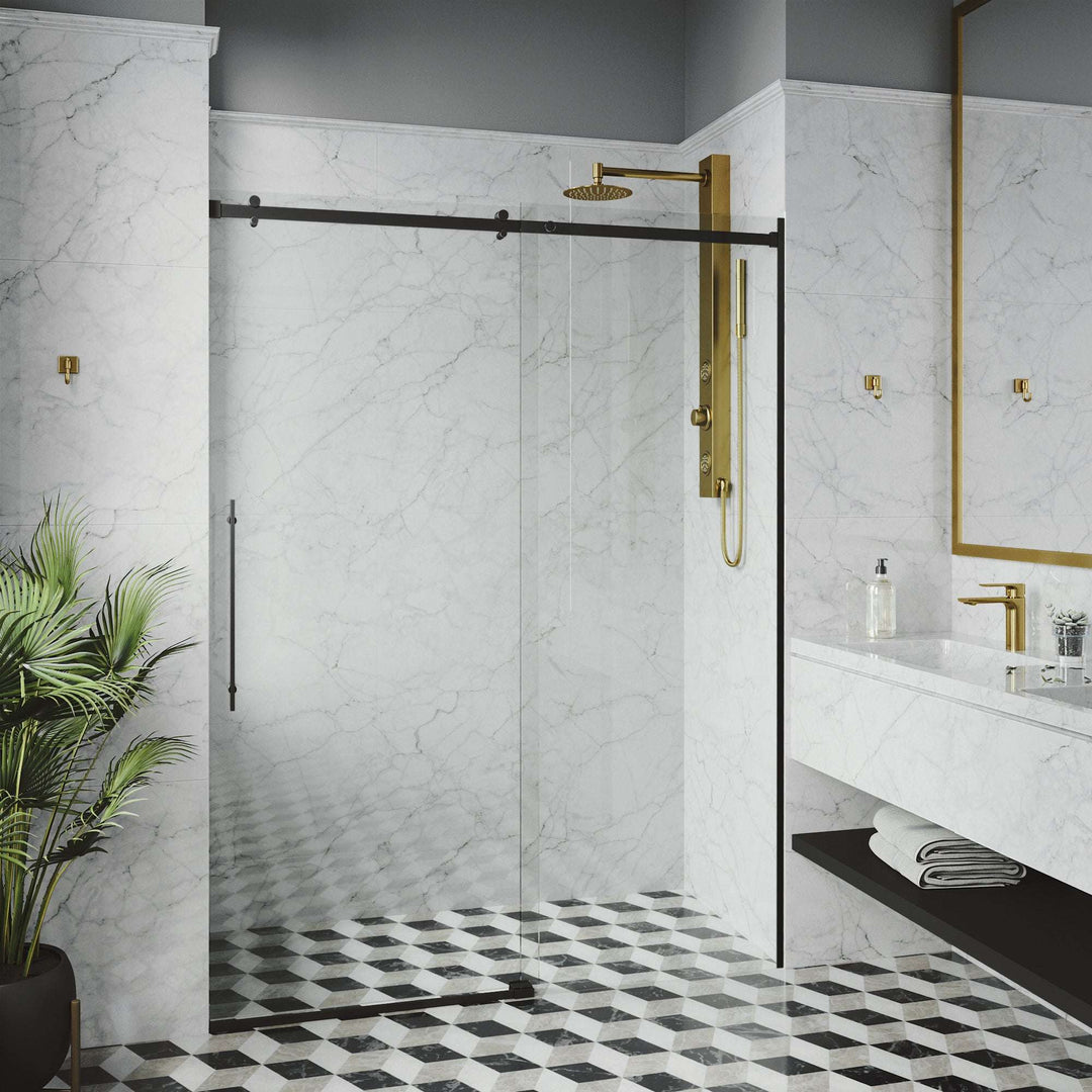 Matte black frameless sliding shower door with clear tempered glass