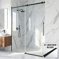 Luca 56-60 in. W x 79 in. H Frameless Sliding Shower Door in Matte Black with 3/8 in. (10mm) Clear Glass and Elan 24 in. Linear Shower Drain
