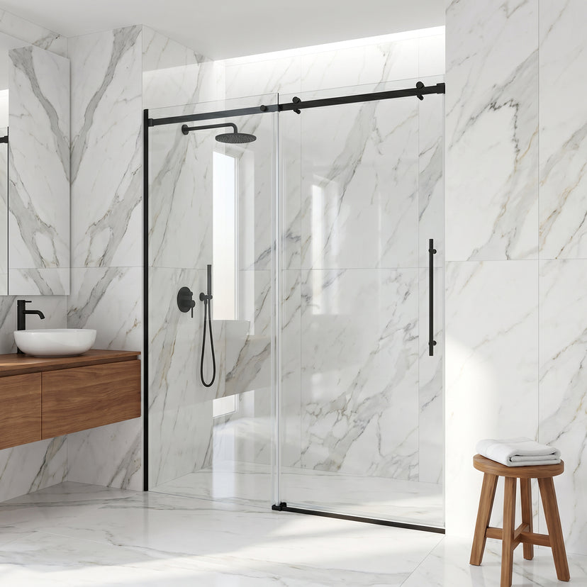 Luca 56-60 in. W x 79 in. H Frameless Sliding Shower Door in Matte Black with 3/8 in. (10mm) Clear Glass and Elan 24 in. Linear Shower Drain