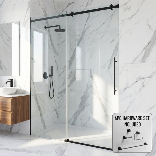 Luca 56 to 60 in. W x 79 in. H Frameless Sliding Shower Door and Meridian 4-Piece Bath Hardware Set in Matte Black