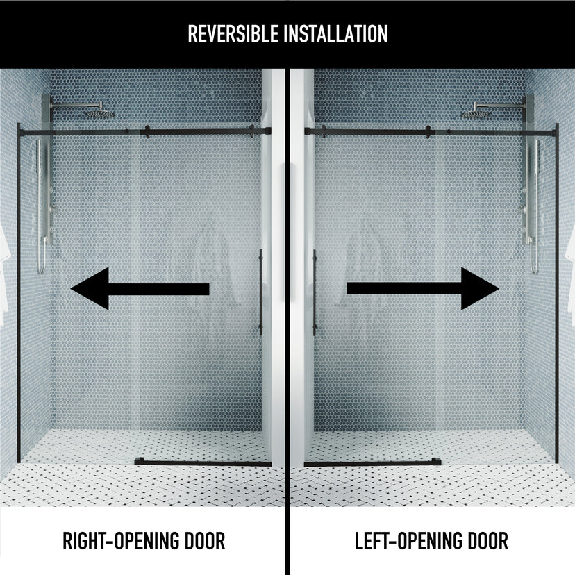 Luca 56 to 60 in. W x 79 in. H Frameless Sliding Shower Door and Meridian 4-Piece Bath Hardware Set in Matte Black