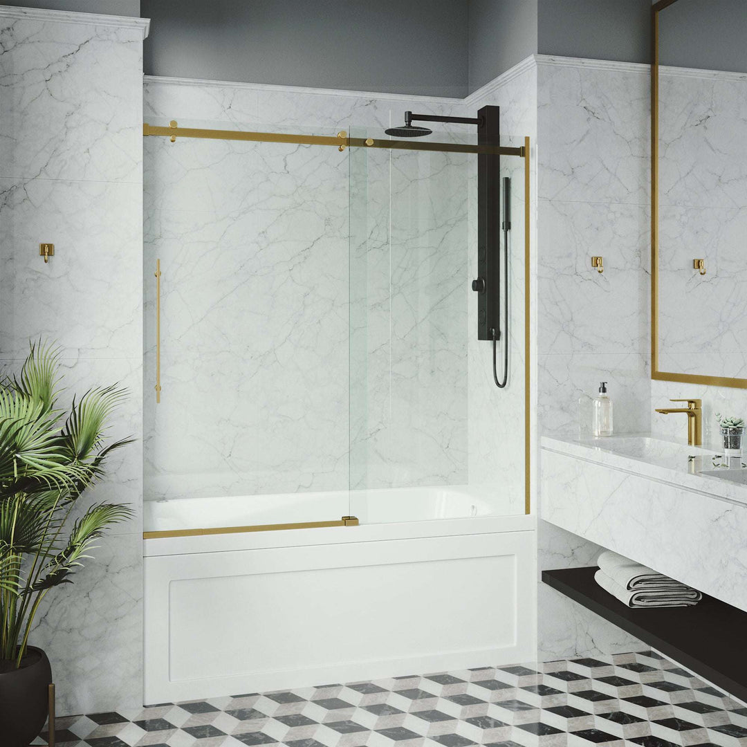 Matte brushed gold frameless sliding tub door with clear tempered glass and bar handle