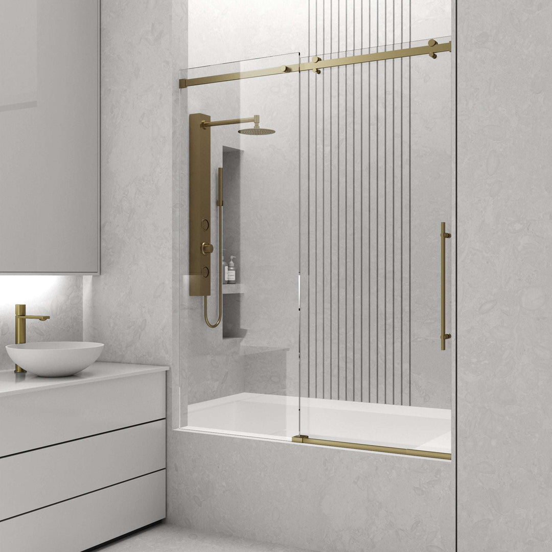 Frameless shower door with matte gold frame, bar handle, and included mounting hardware
