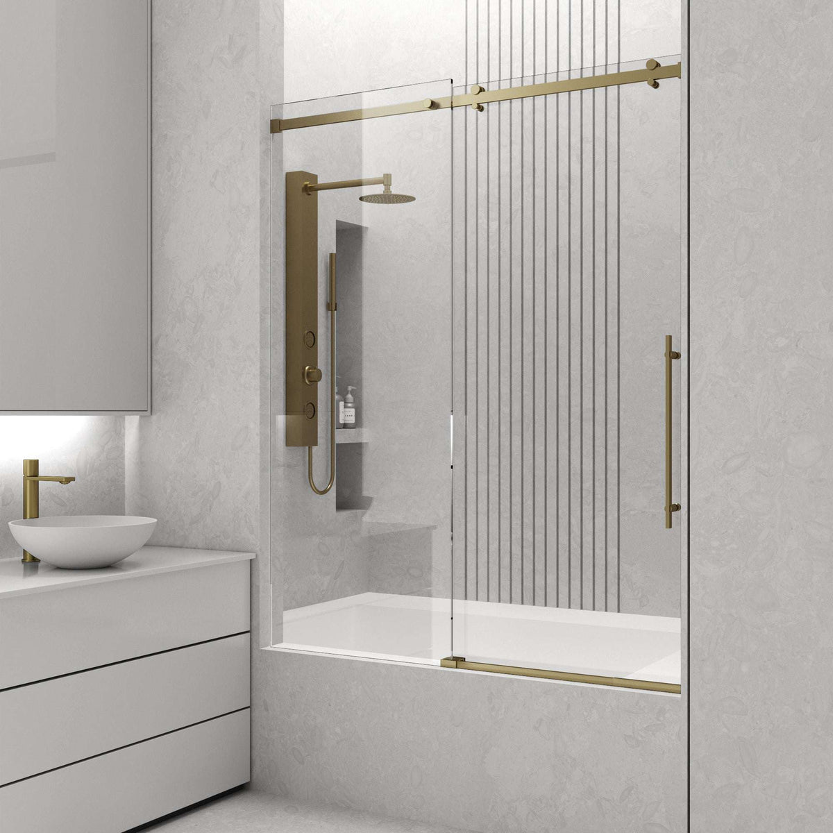 Frameless shower door with matte gold frame, bar handle, and included mounting hardware