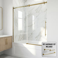Luca 56-60 in. W x 58 in. H Frameless Sliding Tub Door in Matte Brushed Gold with 3/8 in. (10mm) Clear Glass and Satro 3-Piece Bath Hardware Set