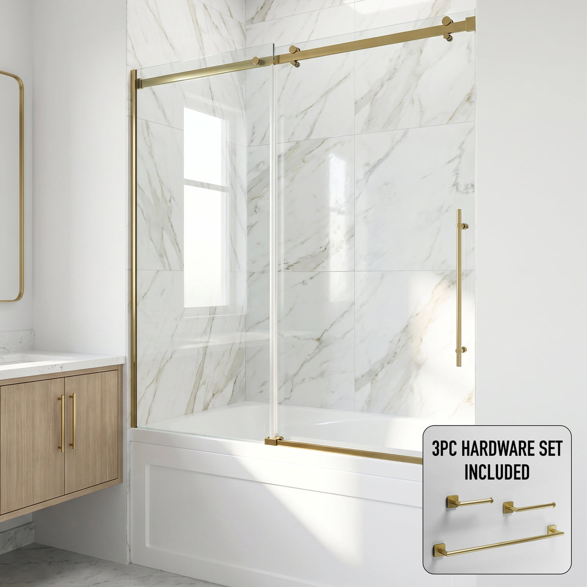 Luca 56-60 in. W x 58 in. H Frameless Sliding Tub Door in Matte Brushed Gold with 3/8 in. (10mm) Clear Glass and Satro 3-Piece Bath Hardware Set