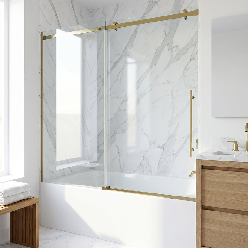 Luca 56-60 in. W x 58 in. H Frameless Sliding Tub Door in Matte Brushed Gold with 3/8 in. (10mm) Clear Glass and Satro 3-Piece Bath Hardware Set