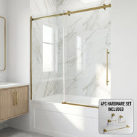 Luca 56-60 in. W x 58 in. H Frameless Sliding Tub Door in Matte Brushed Gold with 3/8 in. (10mm) Clear Glass and Meridian 4-Piece Bath Hardware Set