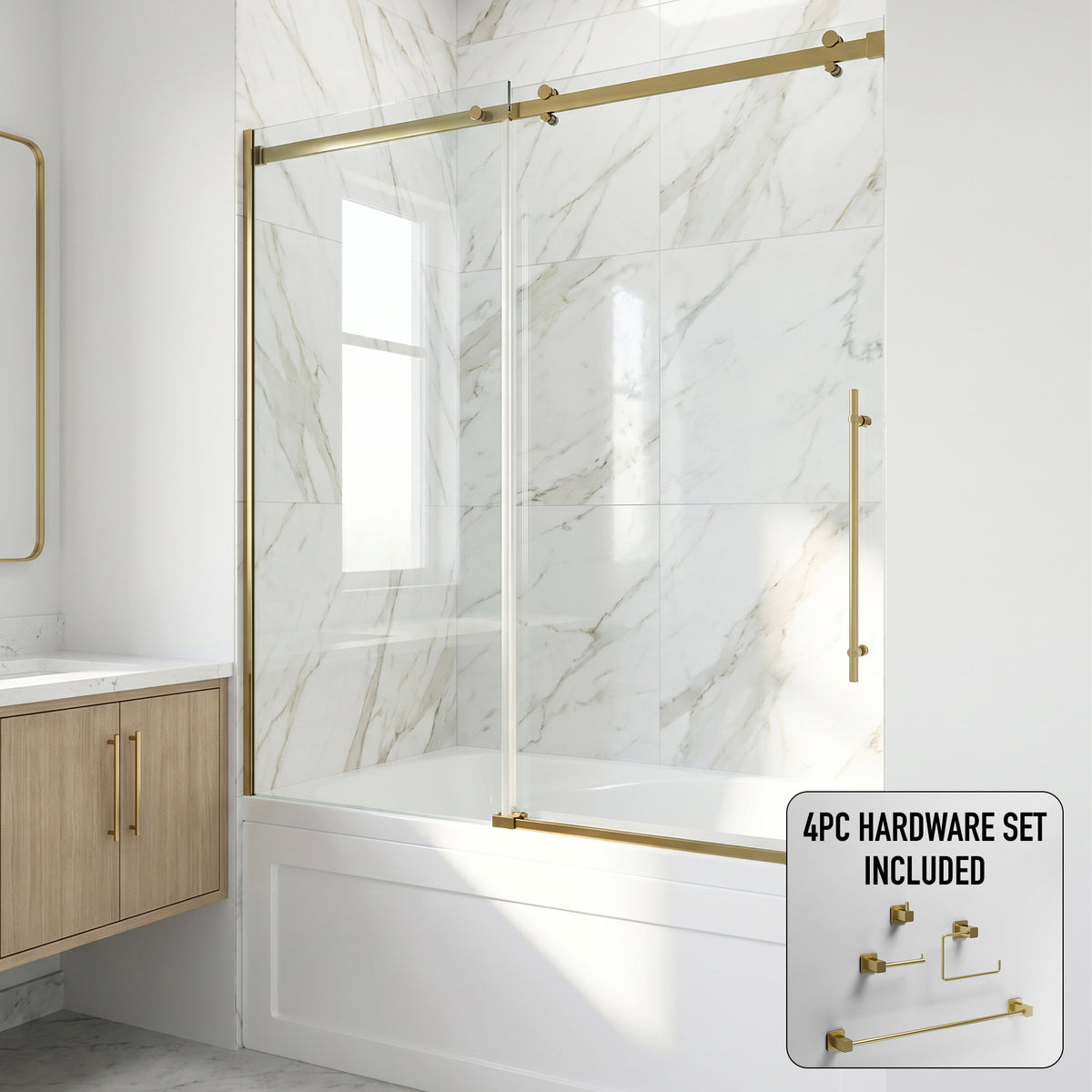 Luca 56-60 in. W x 58 in. H Frameless Sliding Tub Door in Matte Brushed Gold with 3/8 in. (10mm) Clear Glass and Meridian 4-Piece Bath Hardware Set