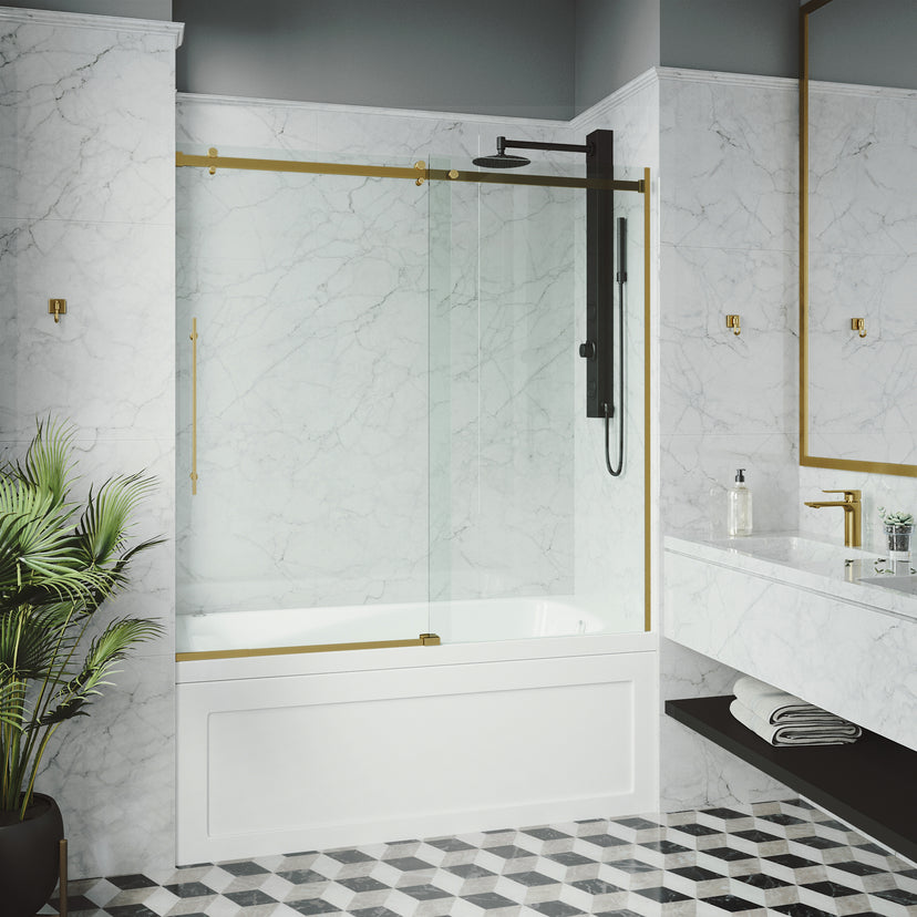 Luca 56-60 in. W x 58 in. H Frameless Sliding Tub Door in Matte Brushed Gold with 3/8 in. (10mm) Clear Glass and Meridian 4-Piece Bath Hardware Set