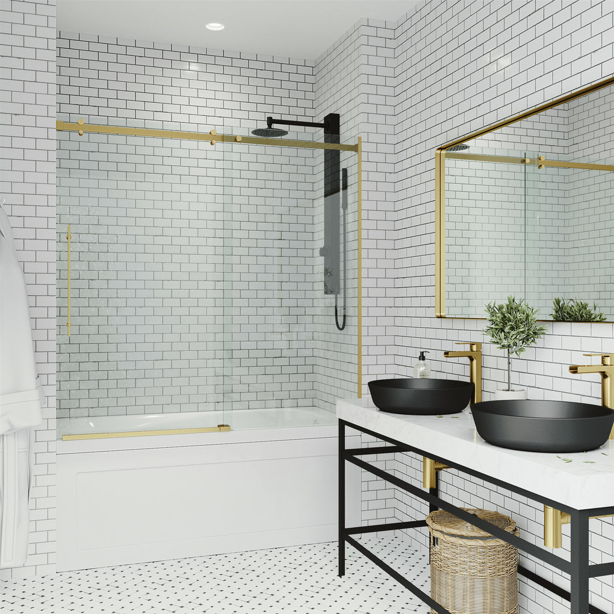 Luca 56-60 in. W x 58 in. H Frameless Sliding Tub Door in Matte Brushed Gold with 3/8 in. (10mm) Clear Glass and Meridian 4-Piece Bath Hardware Set
