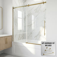 Luca 56-60 in. W x 58 in. H Frameless Sliding Tub Door in Matte Brushed Gold with 3/8 in. (10mm) Clear Glass and Cass 4-Piece Bath Hardware Set