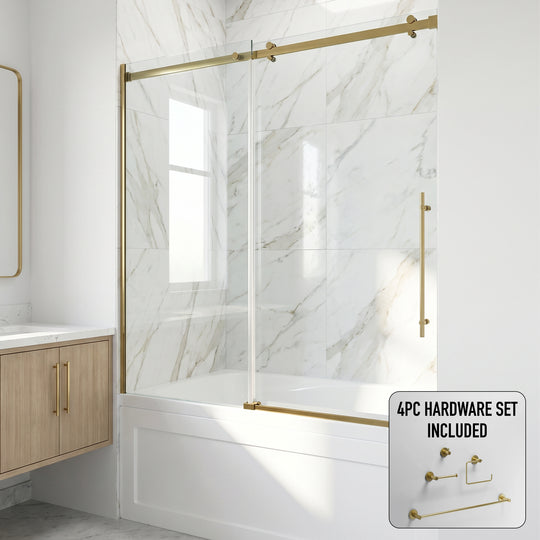 Luca 56-60 in. W x 58 in. H Frameless Sliding Tub Door in Matte Brushed Gold with 3/8 in. (10mm) Clear Glass and Cass 4-Piece Bath Hardware Set