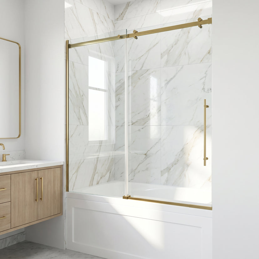 Luca 56-60 in. W x 58 in. H Frameless Sliding Tub Door in Matte Brushed Gold with 3/8 in. (10mm) Clear Glass and Cass 4-Piece Bath Hardware Set