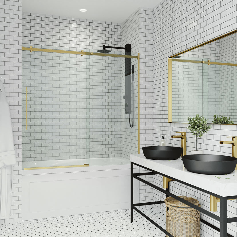Luca 56-60 in. W x 58 in. H Frameless Sliding Tub Door in Matte Brushed Gold with 3/8 in. (10mm) Clear Glass and Cass 4-Piece Bath Hardware Set
