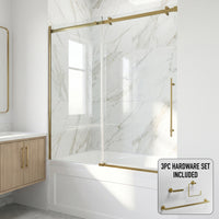 Luca 56-60 in. W x 58 in. H Frameless Sliding Tub Door in Matte Brushed Gold with 3/8 in. (10mm) Clear Glass and Arden 3-Piece Bath Hardware Set